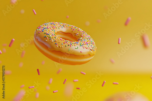 Colorful donut with sprinkles floating against a vibrant yellow background, creating a playful mood