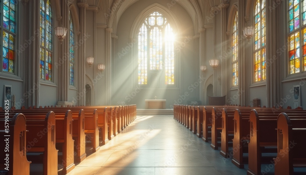 Fototapeta premium Serene church interior with stained-glass windows and pews
