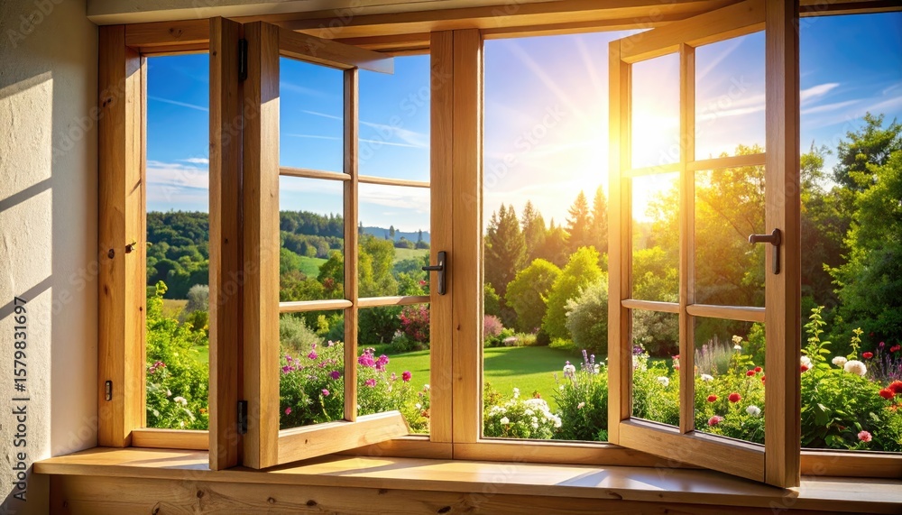 Fototapeta premium Sunny landscape view through open window