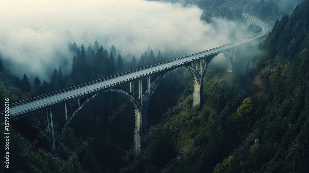 Obraz premium Foggy mountain bridge crossing peaceful forest road