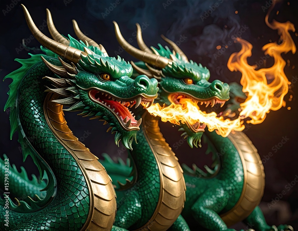 Fototapeta premium Three green dragons breathe fire