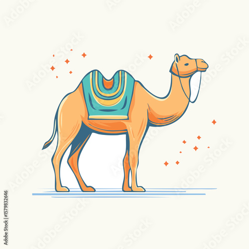 Vector art of camel with decorative blanket in bold outline flat graphic style

