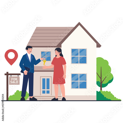 Real Estate Illustration. Vector illustration of A real estate agent gives the house keys to a woman after closing a deal. Isolated on background