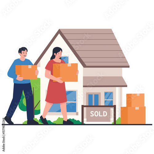 Real Estate Illustration. Vector illustration of A couple carries boxes into their newly purchased house, ready to move in. Isolated on background