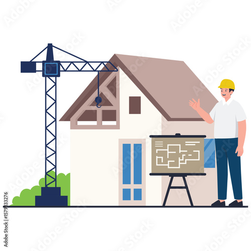 Real Estate Illustration. Vector illustration of A construction worker presents a house blueprint next to an under-construction building with a crane. Isolated on background