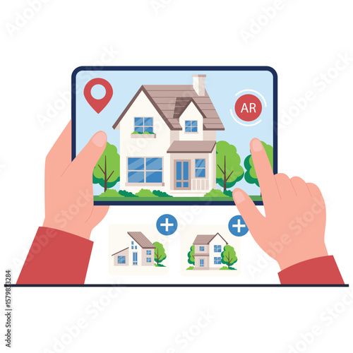 Real Estate Illustration. Vector illustration of Hands use a tablet with AR technology to view and compare house options virtually. Isolated on background