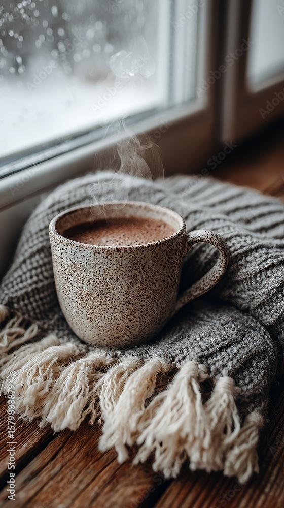 Fototapeta premium Cozy winter scene featuring a warm knit scarf wrapped beside a steaming mug of cocoa, evoking comfort, warmth, relaxation, and seasonal hygge atmosphere in soft natural light.