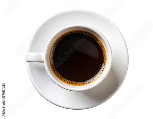  Top-down view of black coffee in white ceramic cup isolated on transparent background PNG