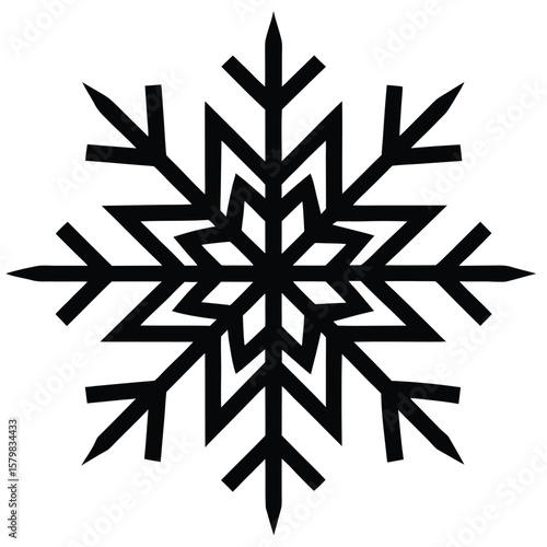 Striking black silhouette of a complex geometric snowflake on a white canvas