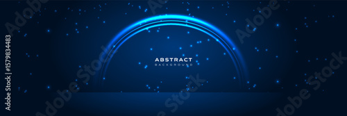 Futuristic abstract blue light background with glowing arc lines and sparkling particles on dark backdrop. Perfect for technology, sci-fi, digital concepts, presentations, or modern graphic design.