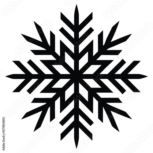 Symmetrical Black Snowflake Design on White, Winter Season Element Illustration