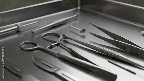 Sterile surgical instruments on a metal tray. A collection of medical tools for dissection, autopsy, or surgery including scalpels and forceps.