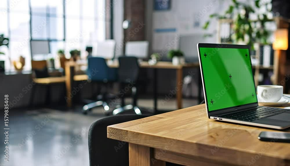 Laptop with green screen on desk in modern office for business use Laptop with green screen on desk in modern office for business use