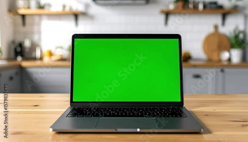 Laptop with green screen on kitchen counter offers digital opportunity