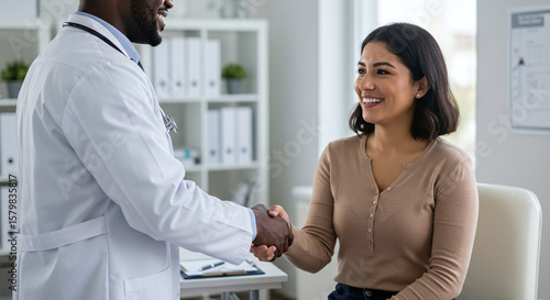 Friendly Interaction Between African American Male Doctor And Hispanic Female Patient