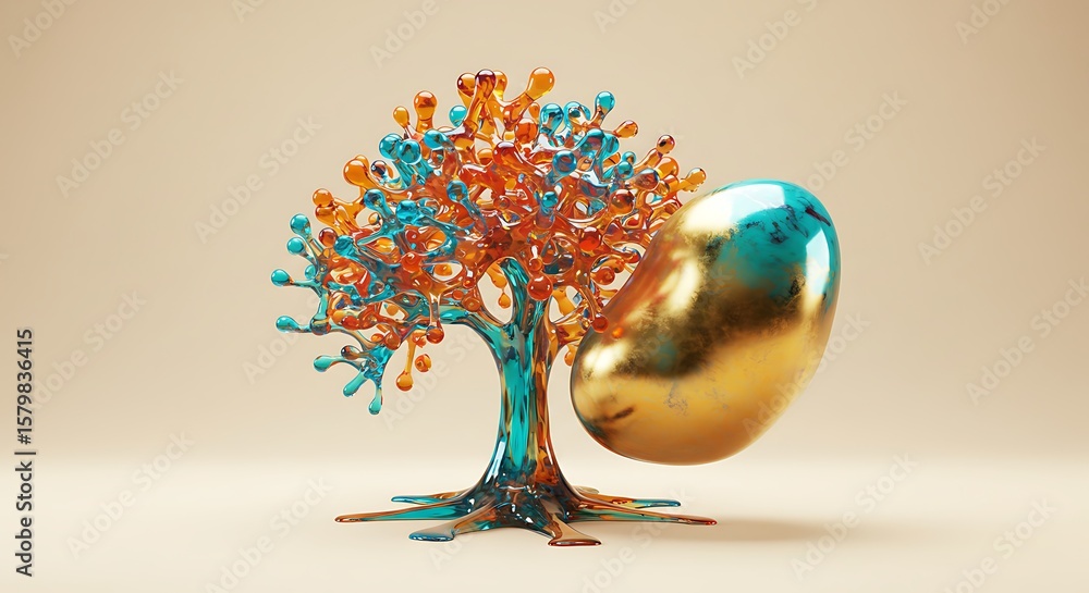 Obraz premium Abstract Vibrant Liquid Tree and Golden Sphere