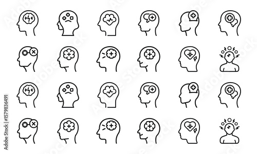Illustrated mental health icons depicting brain conditions and solutions in a simple line art style