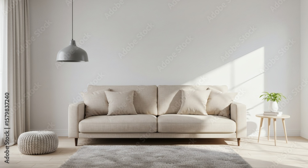 Naklejka premium Serene Living Beige Couch with Sunlit Wall, and Minimalist Interior.