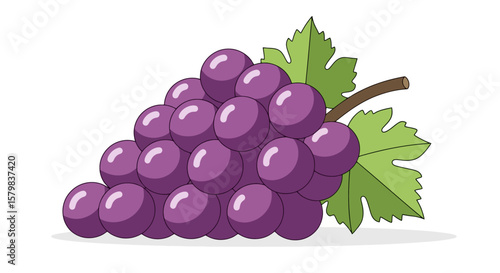 Cartoon Bunch of Grapes with Leaves on White Background