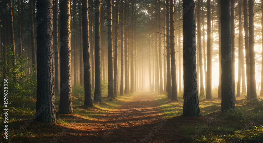 Obraz premium A serene forest trail with towering pine trees soft morning mist