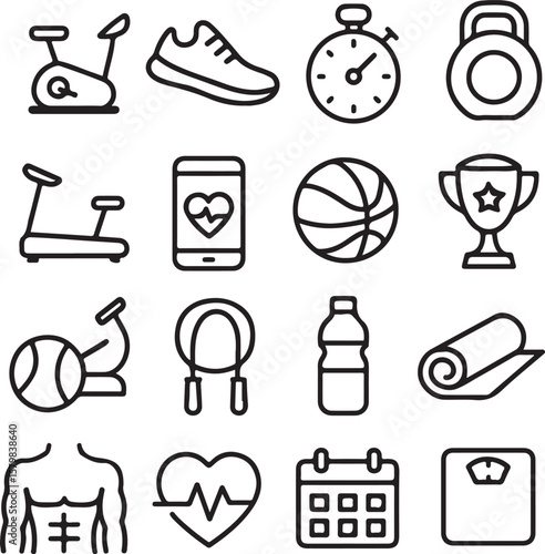 Fitness Icons Exercise, Workout, Gym Equipment, Sports, and Wellness Symbols