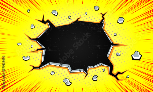 comic cartoon wall cracked hole on yellow, broken wall background illustration. cracked and perforated wall 