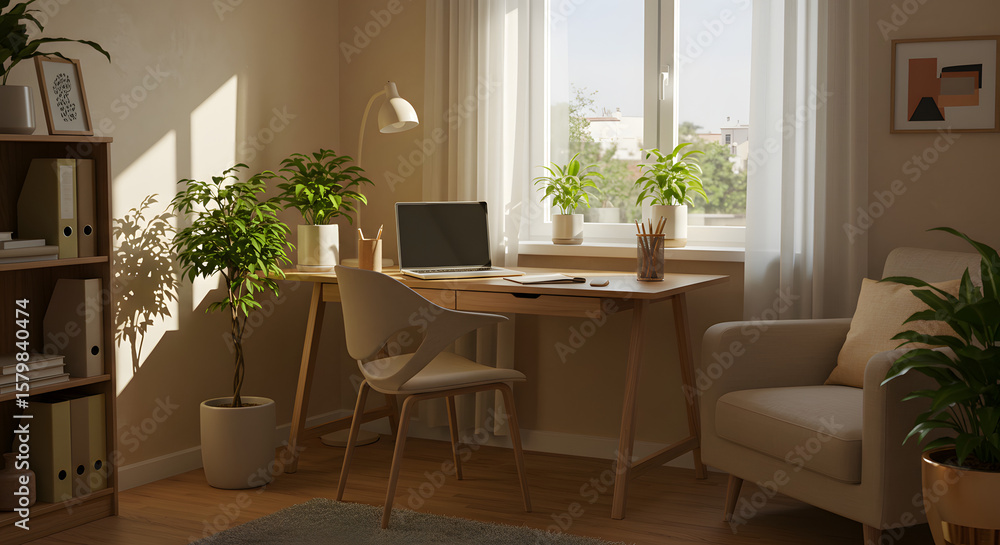 Fototapeta premium A cozy home office with a laptop and plants natural sunlight streaming