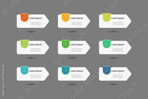 For business concept with 9 steps infographics, arrow shape with multicolor label, design for workflow layout, diagram, annual report, web design. vector illustration