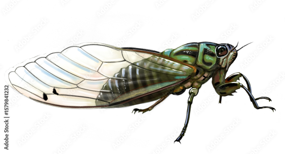 Detailed illustration of a New Zealand cicada (Amphipsalta species), showcasing its transparent wings, large eyes, and textured body. Known for their loud summer chorus, cicadas are iconic native inse Detailed illustration of a New Zealand cicada (Amphipsalta species), showcasing its transparent wings, large eyes, and textured body. Known for their loud summer chorus, cicadas are iconic native inse