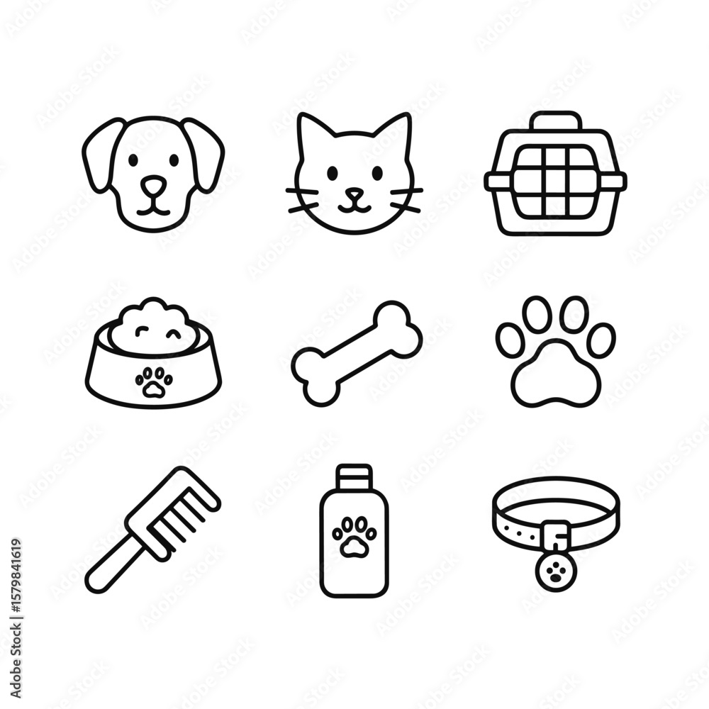 Pet care icons vector collection. Outline symbols. Line design Pet care icons vector collection. Outline symbols. Line design