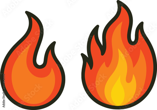 Dynamic vector set of burning fire flames, illustrating hot, red, and orange elements perfect for danger or power icons