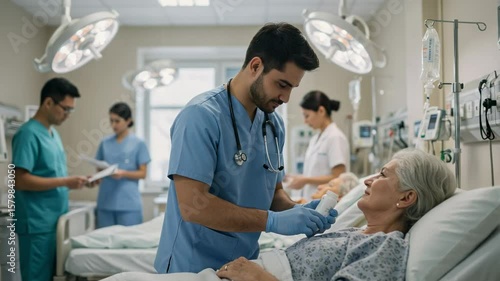Caring male nurse giving medication to an elderly female patient in a hospital ward. Medical professionals working in a busy intensive care unit providing treatment and support.