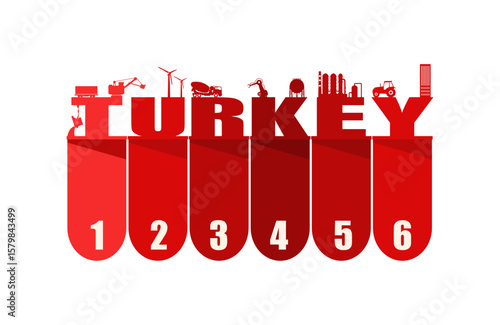Turkey country name with energy generation , power supply, technology and industry relative icons. Six features or option of project to select. Infographic for business information visualization.