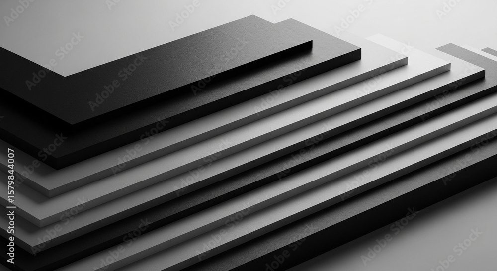 Obraz premium Abstract geometric shapes layered in shades of gray and black, creating a pyramidal form.