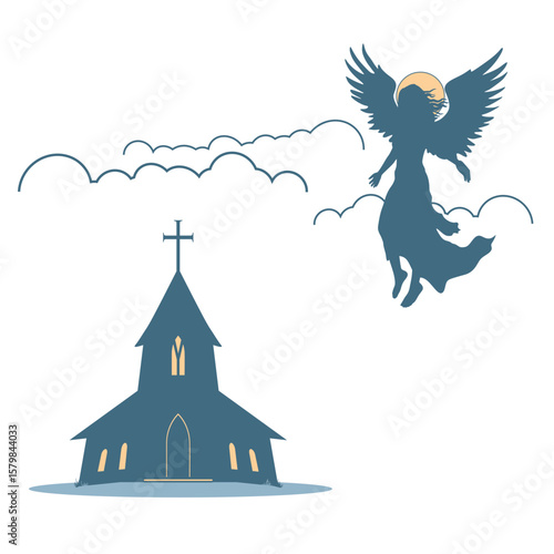 Fantasy woman angel soars in the air with huge bird wings. Girl in levitation flies. Lady goddess in dress, fabric waving fluttering. Church building. Goddess girl descends from the sky