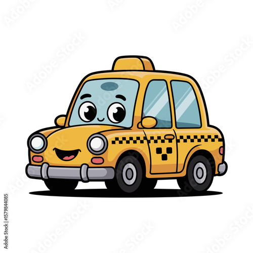 Cute cartoon yellow taxi with a happy face isolated on white background