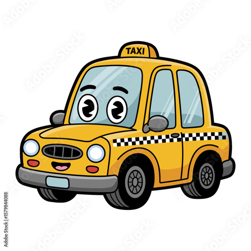 Cute cartoon yellow taxi with a happy face isolated on white background