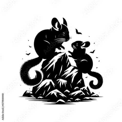 Two chinchillas silhouetted on jagged rocks with flying birds