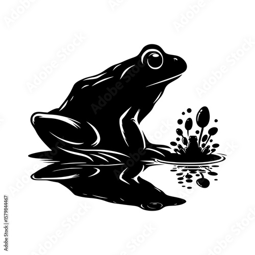 Stylized black silhouette of a frog sitting by rippling water