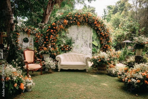 Lush garden setting with floral arch and antique furniture, ideal for ceremonies or photoshoots
