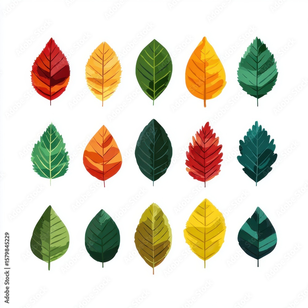 Obraz premium Pixel Art Autumn Leaf Collection Red, Orange, Yellow, Green Hues on White