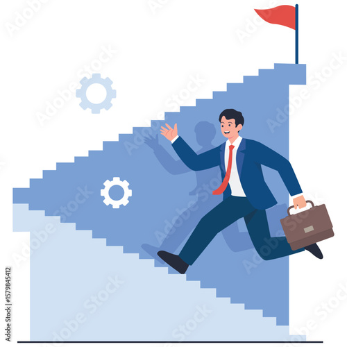 Motivation & Success Illustration. Vector illustration of Businessman energetically running upstairs toward a goal with a flag. Isolated on background