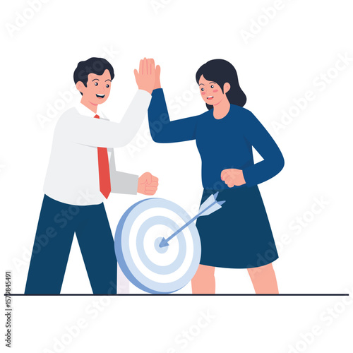 Motivation & Success Illustration. Vector illustration of Two coworkers giving a high five after successfully hitting the target. Isolated on background