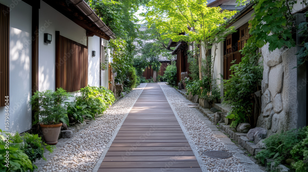 Fototapeta premium Serene pathway lined with greenery and stone, leading through tranquil garden