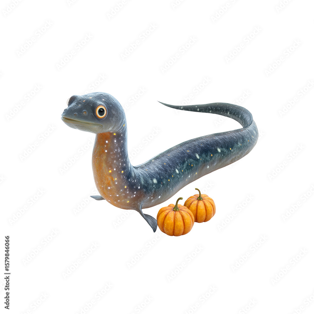 Fototapeta premium Adorable Prehistoric Creature with Pumpkins - Autumn Fantasy Illustration