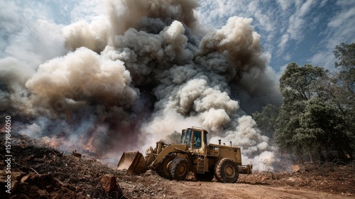 Heavy machinery working in a forest fire area with thick smoke billowing into the sky and charred landscape in the foreground
