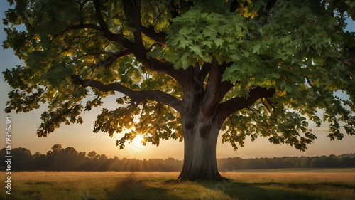 Majestic Sycamore Tree in Field at Sunrise, Inspirational Environmental Landscape
