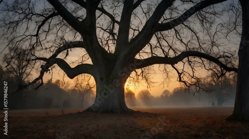 Majestic Sycamore Tree in Field at Sunrise, Inspirational Environmental Landscape