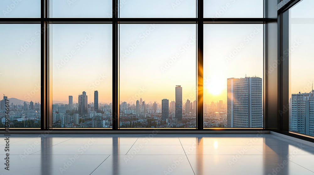 Fototapeta premium Modern office space with large glass windows showcasing city skyline sunset, creating serene