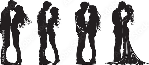 A silhouette of a man and a woman kissing against a white background.